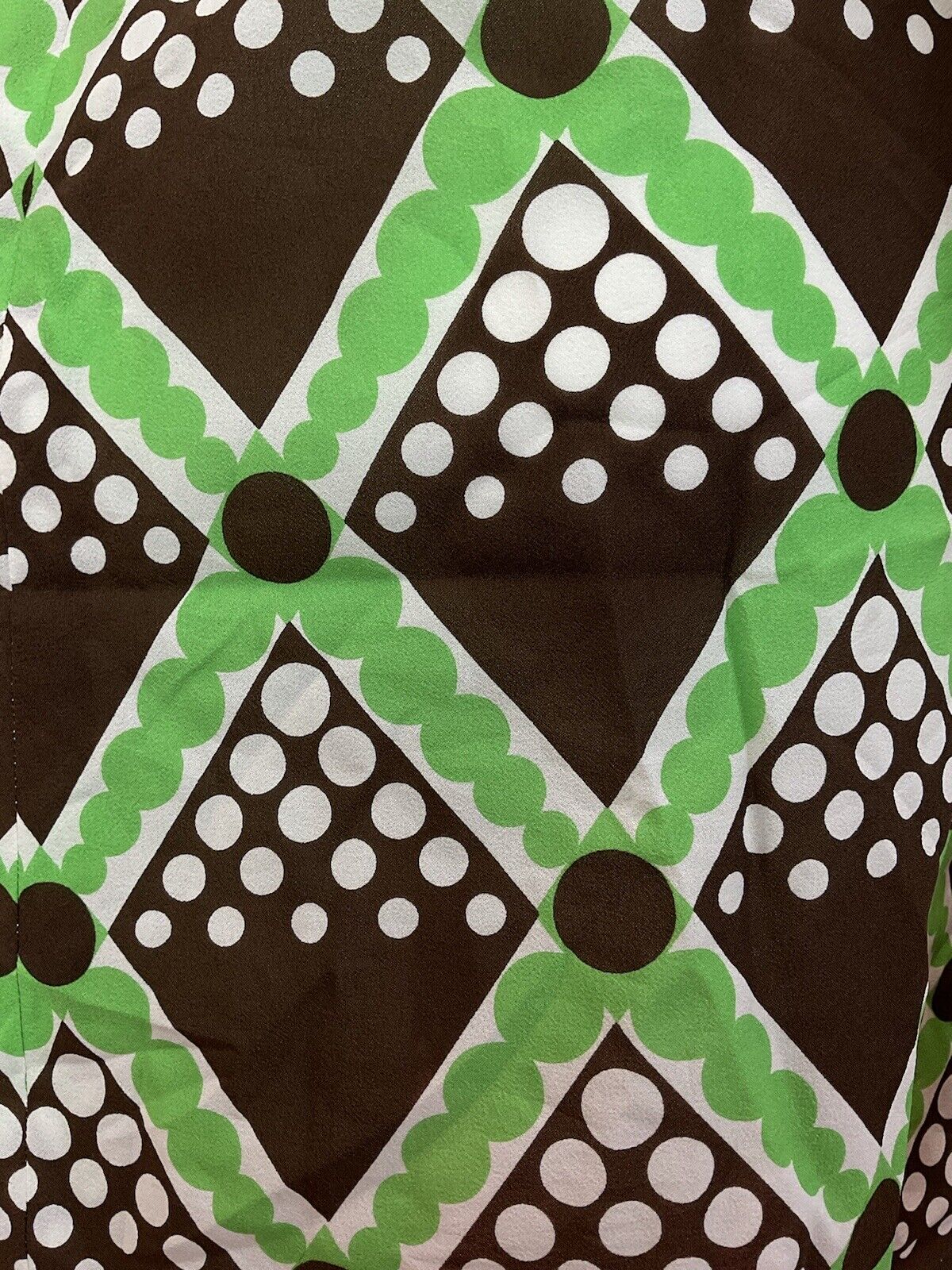 VINTAGE 60s 70s BROWN GREEN WHITE CHECKED GEOMETRIC PUSSYBOW MOD DRESS 10 12