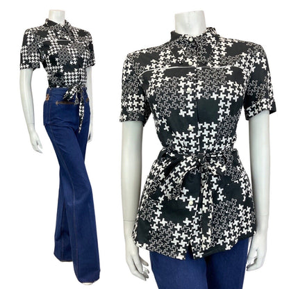 VINTAGE 60s 70s BLACK WHITE GEOMETRIC MOD BELTED DAGGER COLLAR SHIRT 12 14