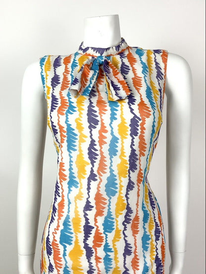 VTG 60s 70s WHITE PURPLE YELLOW BLUE STRIPED SQUIGGLE SHIFT DRESS 10