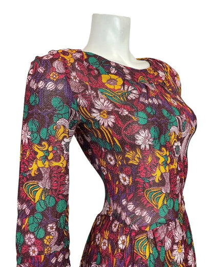 VINTAGE 70s 90s PURPLE GREEN YELLOW PSYCHEDELIC FLORAL LUREX SKATER DRESS 8