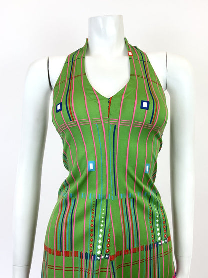 VINTAGE 60s 70s GREEN BLUE PINK GEOMETRIC STRIPED HALTER DRESS 10