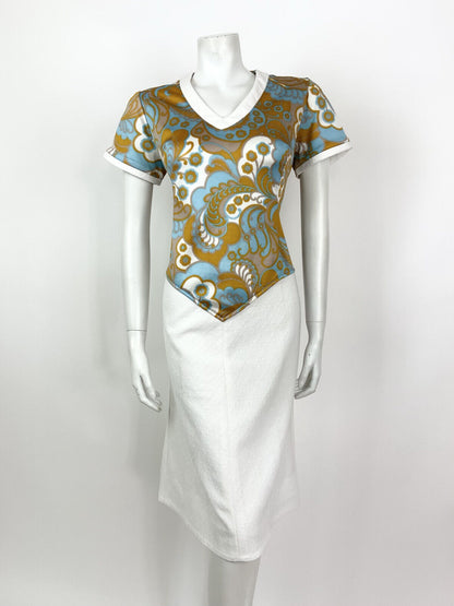 VINTAGE 60s 70s WHITE BLUE GOLD FLORAL PAISLEY PSYCHEDELIC DRESS 14 16