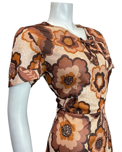 VINTAGE 60s 70s BROWN CREAM ORANGE FLORAL DAISY MOD SWING DRESS 16