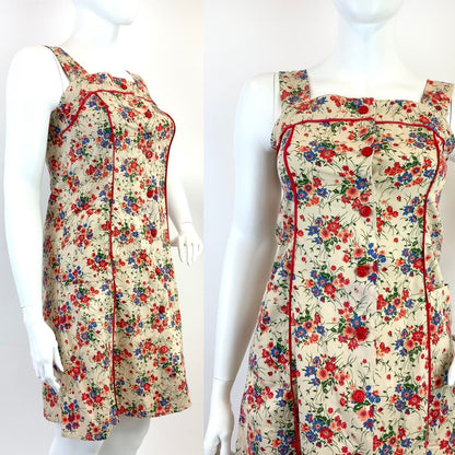 VTG 60s 70s BEIGE RED BLUE GREEN FLORAL VINE BOHO APRON PINAFORE SUMMER DRESS 14