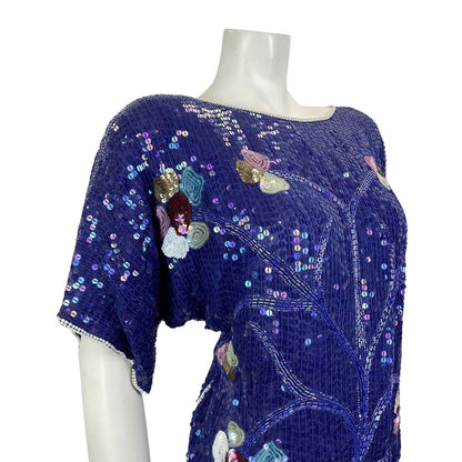 VINTAGE 60s 70s BLUE WHITE PINK GOLD SEQUIN BEADED FLORAL TREE DISCO TOP 14 16