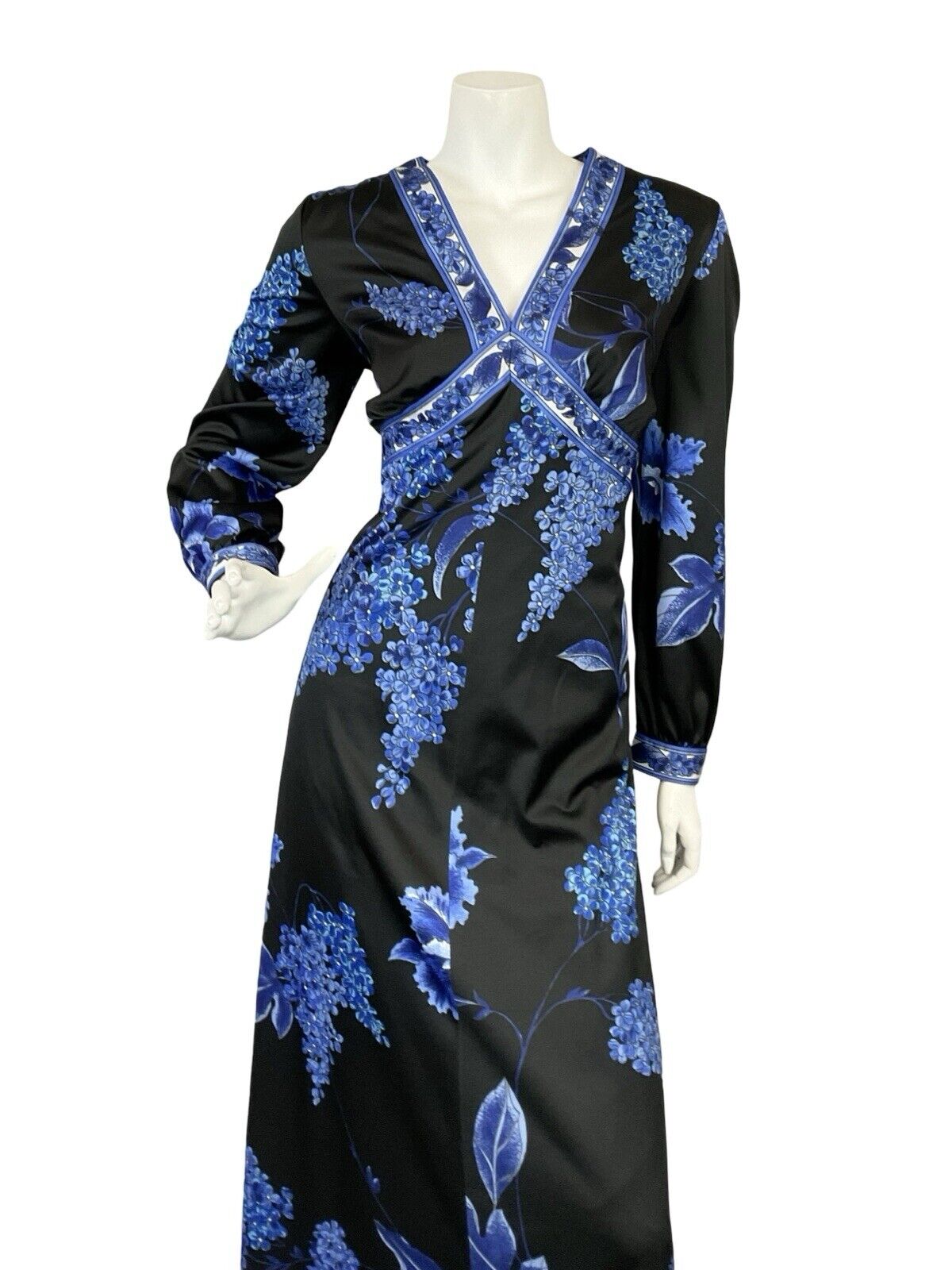 VTG 70S BLACK BLUE FLORAL PLUNGING NECKLINE BOHO HIPPY MAXI LONG SLEEVE DRESS 16