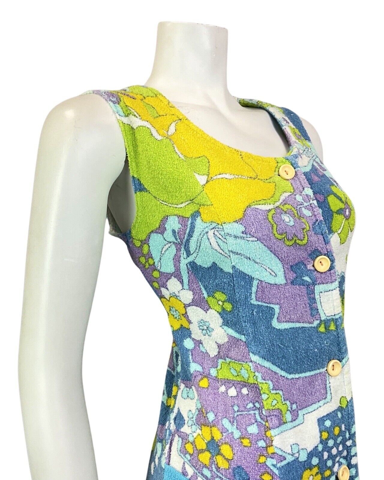 VINTAGE 60s 70s BLUE PURPLE GREEN PSYCHEDELIC FLORAL TERRY TOWEL BEACH DRESS 12