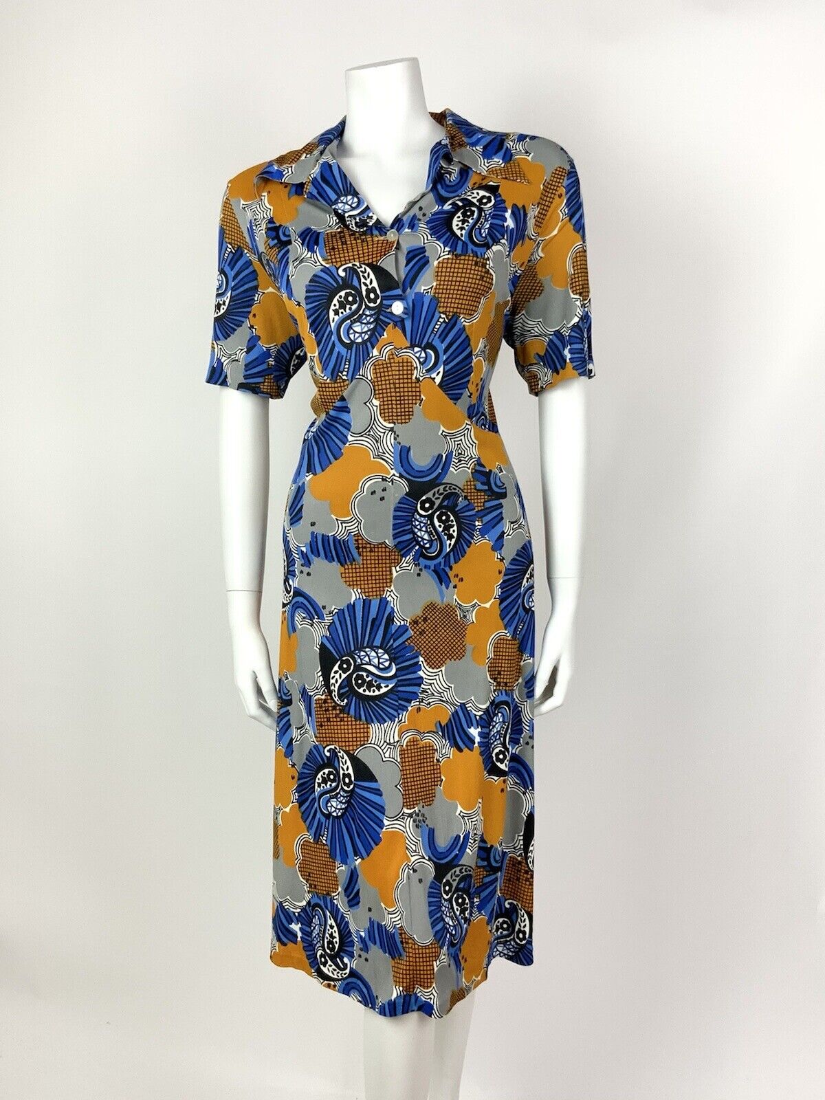 VINTAGE 60s 70s BLUE SILVER YELLOW PSYCHEDELIC FLORAL PAISLEY SHIRT DRESS 16 18