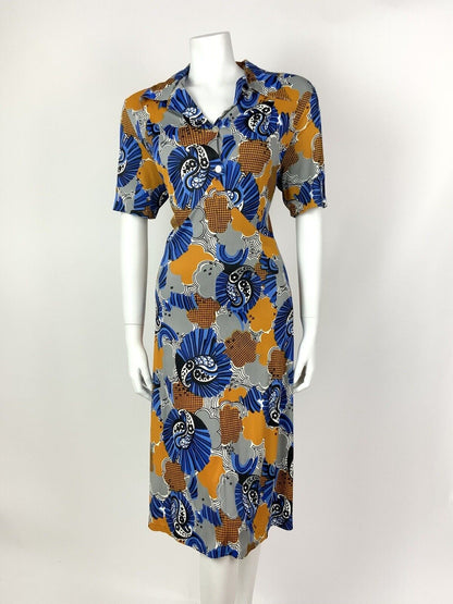 VINTAGE 60s 70s BLUE SILVER YELLOW PSYCHEDELIC FLORAL PAISLEY SHIRT DRESS 16 18