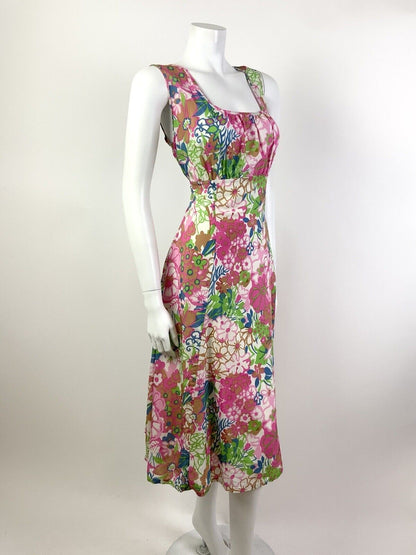 VINTAGE 60s 70s PINK WHITE GREEN BLUE PSYCHEDELIC FLORAL MOD EMPIRE DRESS 12 14