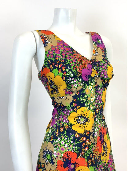 VINTAGE 60s 70s BLUE GREEN YELLOW RED FLORAL PSYCHEDELIC DOTTY SUMMER DRESS 8