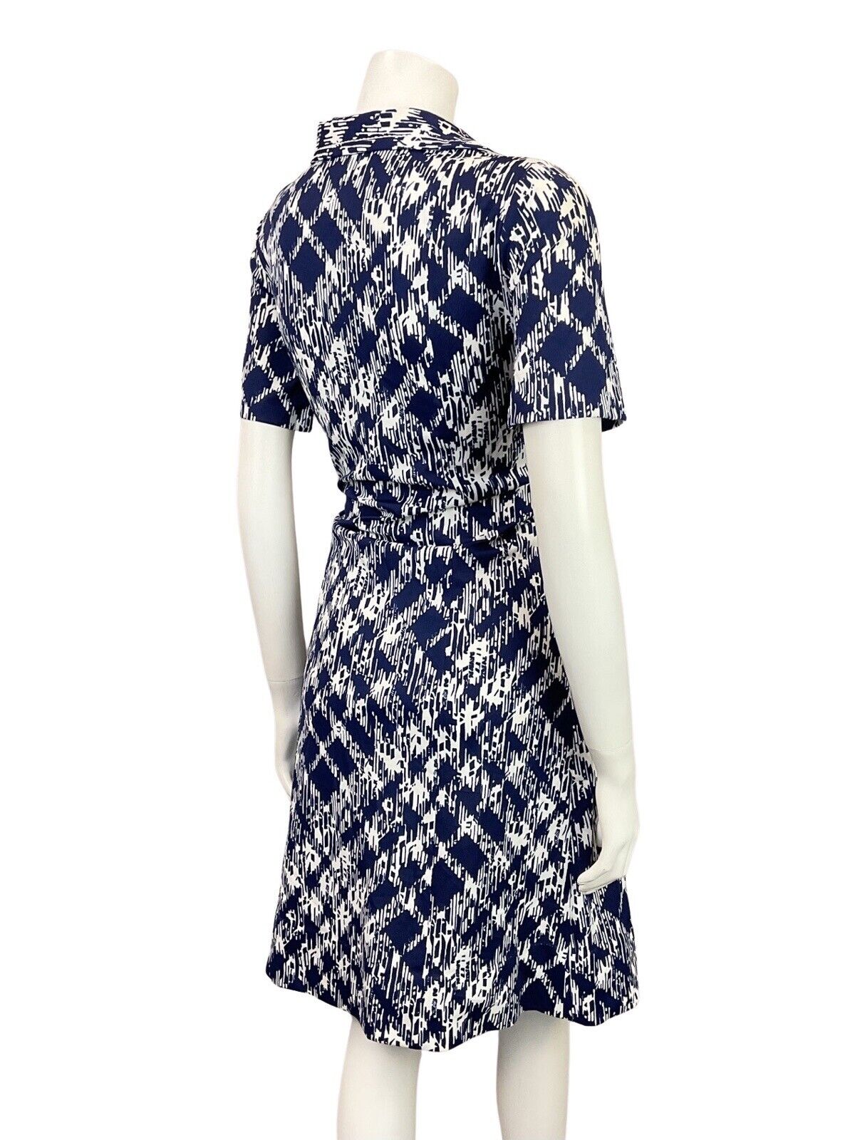 VINTAGE 60s 70s NAVY BLUE WHITE PSYCHEDELIC CHECKED PLAID DAGGER SHIRT DRESS 12