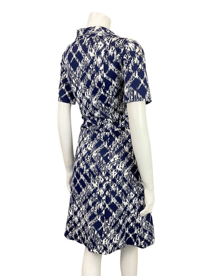 VINTAGE 60s 70s NAVY BLUE WHITE PSYCHEDELIC CHECKED PLAID DAGGER SHIRT DRESS 12