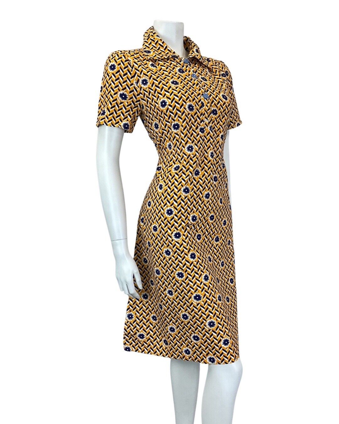 VINTAGE 60s 70s YELLOW BLUE WHITE CHEVRON FLORAL GEOMETRIC MOD SHIRT DRESS 10