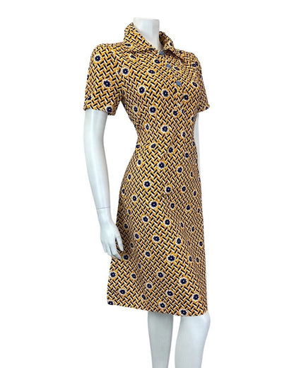 VINTAGE 60s 70s YELLOW BLUE WHITE CHEVRON FLORAL GEOMETRIC MOD SHIRT DRESS 10