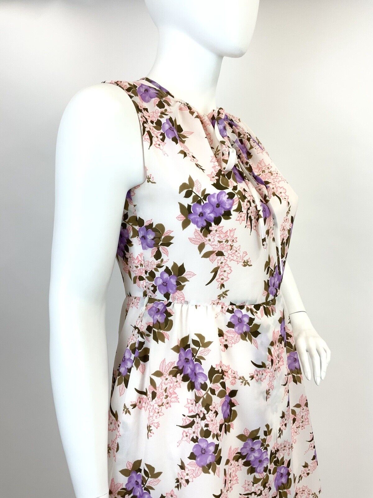 VINTAGE 60s 70s WHITE PURPLE PINK BROWN FLORAL FLOATY SLEEVELESS DRESS 16 18