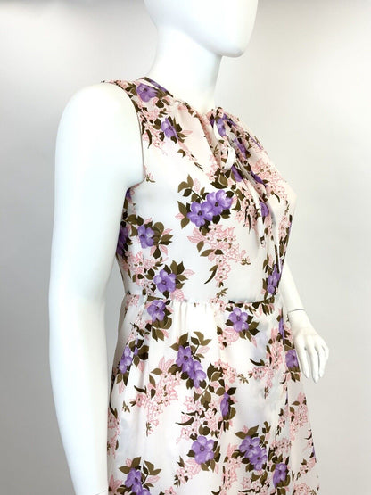 VINTAGE 60s 70s WHITE PURPLE PINK BROWN FLORAL FLOATY SLEEVELESS DRESS 16 18