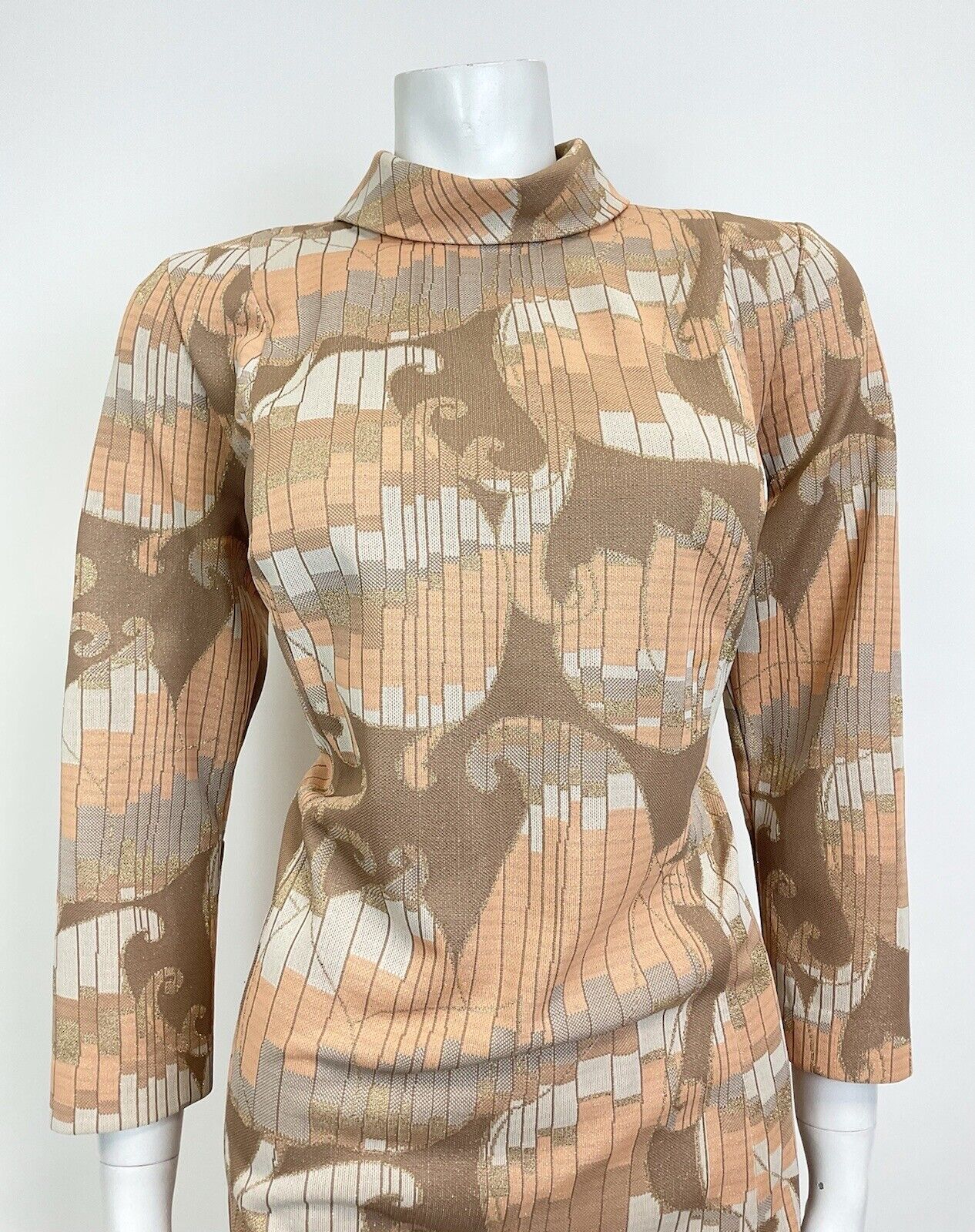 VTG 60s 70s ORANGE BROWN GOLD PSYCHEDELIC SWIRL STRIPED TURTLENECK DRESS 12 14
