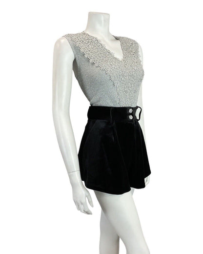 VINTAGE 60s 70s METALLIC SILVER FLORAL LACE PARTY SLEEVELESS KNIT TOP 12 14