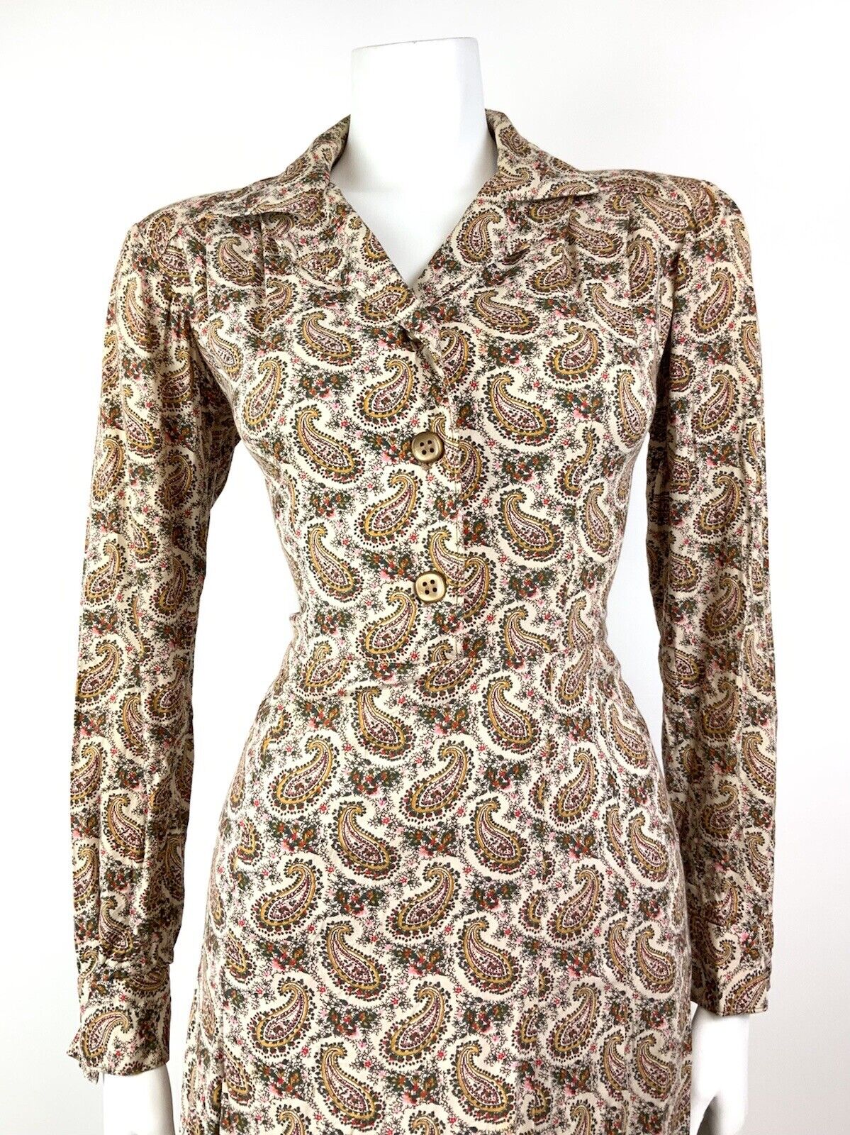 VINTAGE 60s 70s CREAM BROWN GREEN FLORAL PAISLEY BOTEH LONGLSEEVE SHIRT DRESS 10