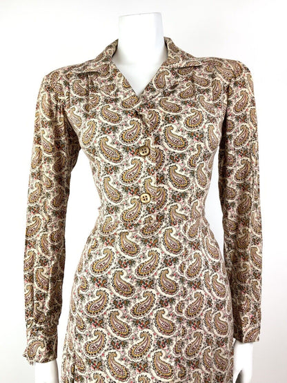 VINTAGE 60s 70s CREAM BROWN GREEN FLORAL PAISLEY BOTEH LONGLSEEVE SHIRT DRESS 10