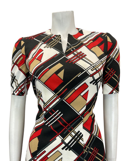 VINTAGE 60s 70s BLACK WHITE RED GEOMETRIC CHECKED MOD FIT & FLARE DRESS 10 12