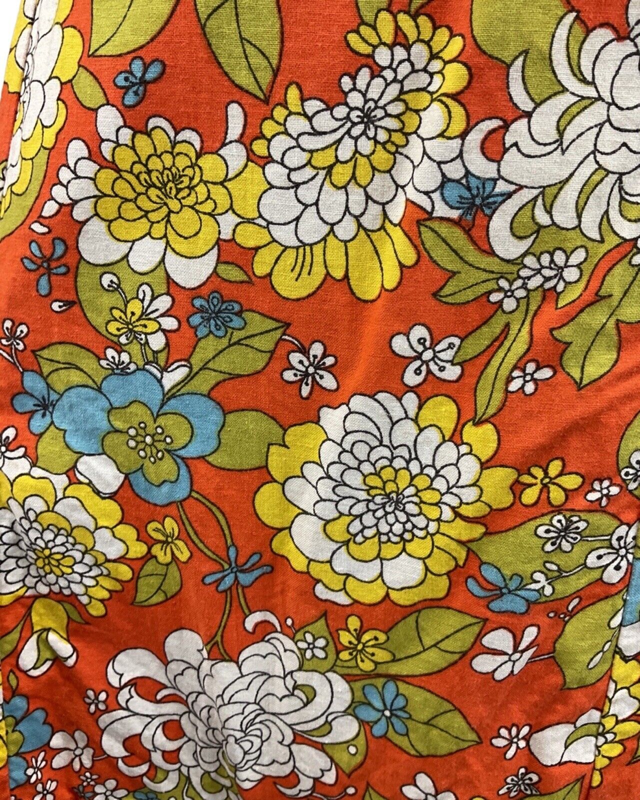 VINTAGE 60s 70s ORANGE YELLOW BLUE FLORAL LEAFY PSYCHEDELIC MOD MAXI DRESS 14