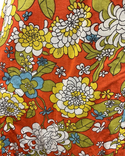 VINTAGE 60s 70s ORANGE YELLOW BLUE FLORAL LEAFY PSYCHEDELIC MOD MAXI DRESS 14