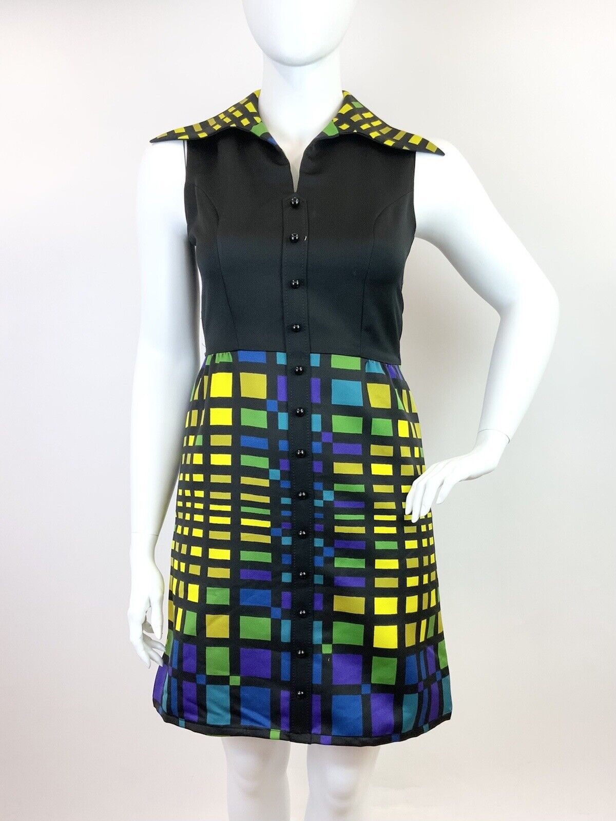 VINTAGE 60s 70s BLACK GREEN BLUE YELLOW GRID GEOMETRIC DAGGER SHIRT DRESS 14 16