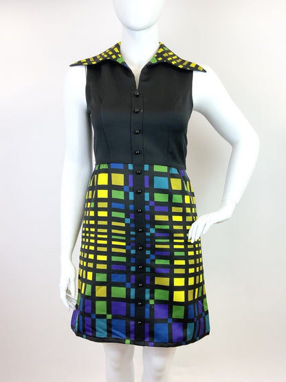VINTAGE 60s 70s BLACK GREEN BLUE YELLOW GRID GEOMETRIC DAGGER SHIRT DRESS 14 16