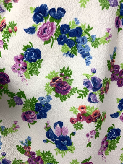 VINTAGE 60s 70s WHITE BLUE PURPLE GREEN FLORAL ROSE DAGGER COLLAR DRESS 10
