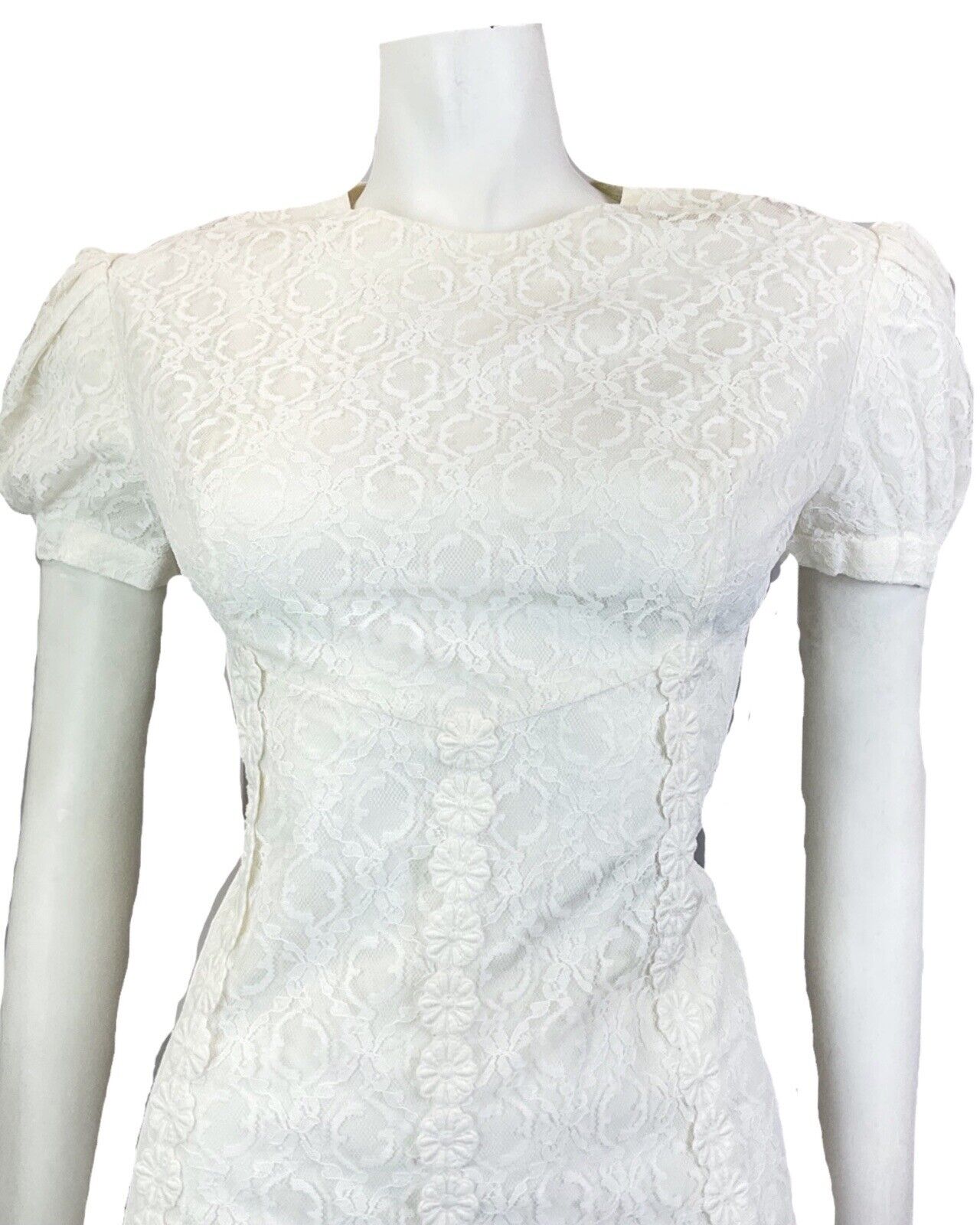 VINTAGE 60s 70s WHITE FLORAL ROSE LACE MOD PUFF SLEEVE SHORT DRESS 8 10