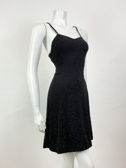 VINTAGE 70s 80s BLACK FLORAL VINE BEADED SPAGHETTI STRAP PARTY MINI DRESS 8