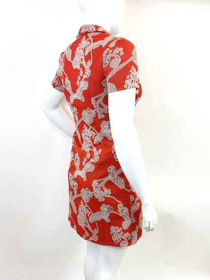 VINTAGE 60s 70s RED CREAM BROWN FLORAL ABSTRACT DAGGER COLLAR SHIRT DRESS 16