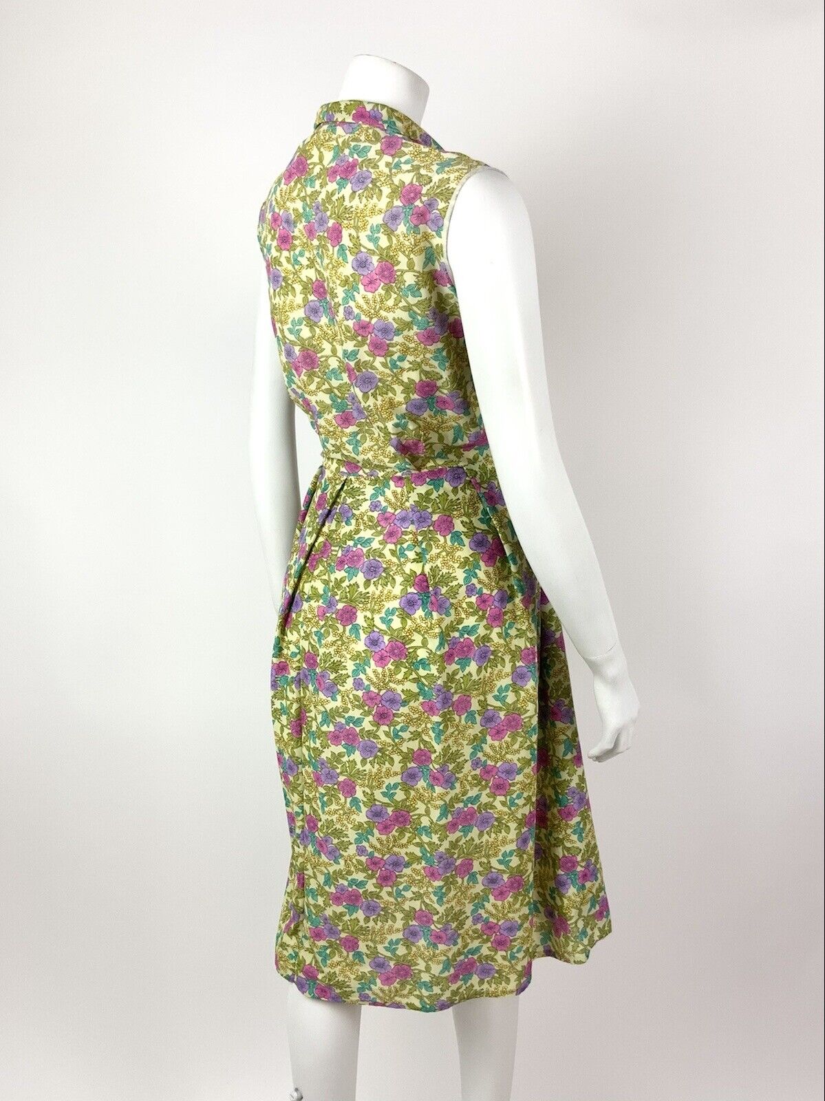 VINTAGE 60s 70s GREEN PINK PURPLE YELLOW FLORAL SLEEVELESS SHIRT DRESS 14 16