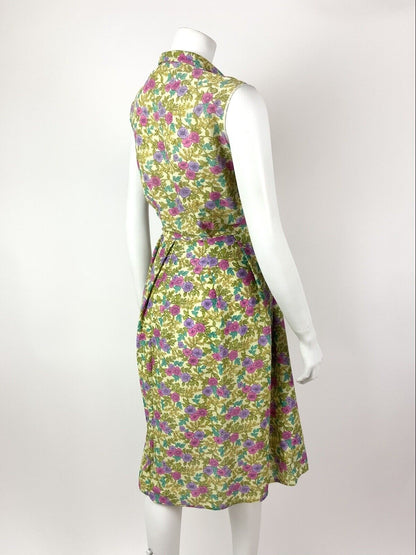 VINTAGE 60s 70s GREEN PINK PURPLE YELLOW FLORAL SLEEVELESS SHIRT DRESS 14 16
