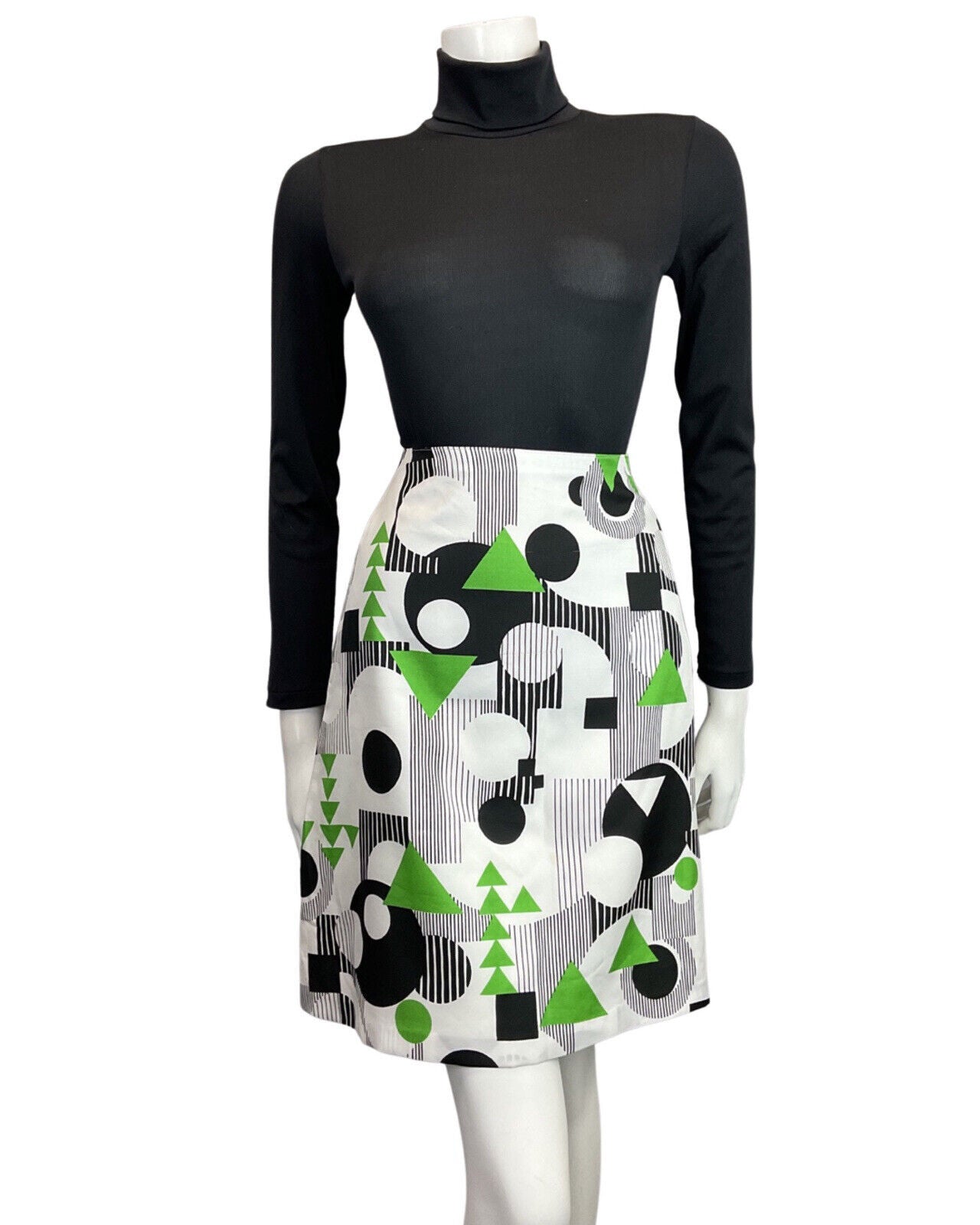 VINTAGE 60s 70s WHITE BLACK GREEN MOD GEOMETRIC A-LINE SHORT SKIRT 8