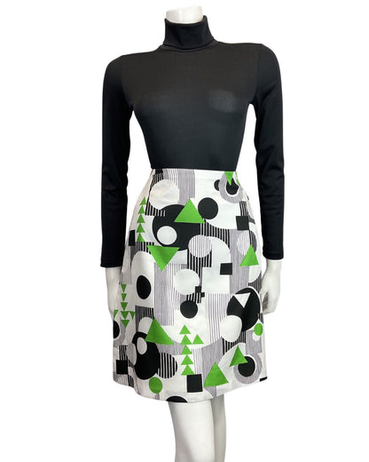 VINTAGE 60s 70s WHITE BLACK GREEN MOD GEOMETRIC A-LINE SHORT SKIRT 8