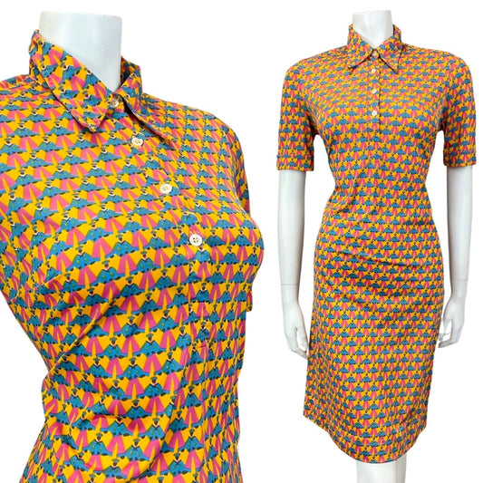 VINTAGE 60s 70s YELLOW BLUE PINK SAILOR FIGURINE PSYCHEDELIC MOD SHIRT DRESS 10