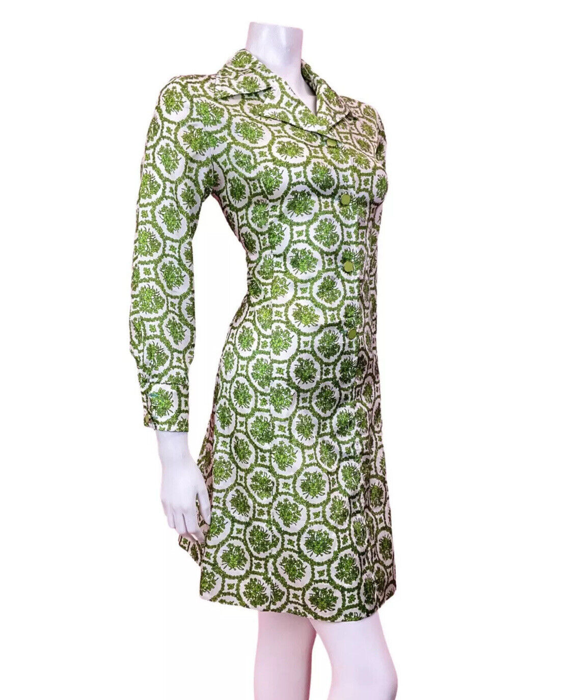 VINTAGE 60s 70s WHITE GREEN FLORAL DAISY CHAIN MOD DAGGER SHIRT DRESS 10 12