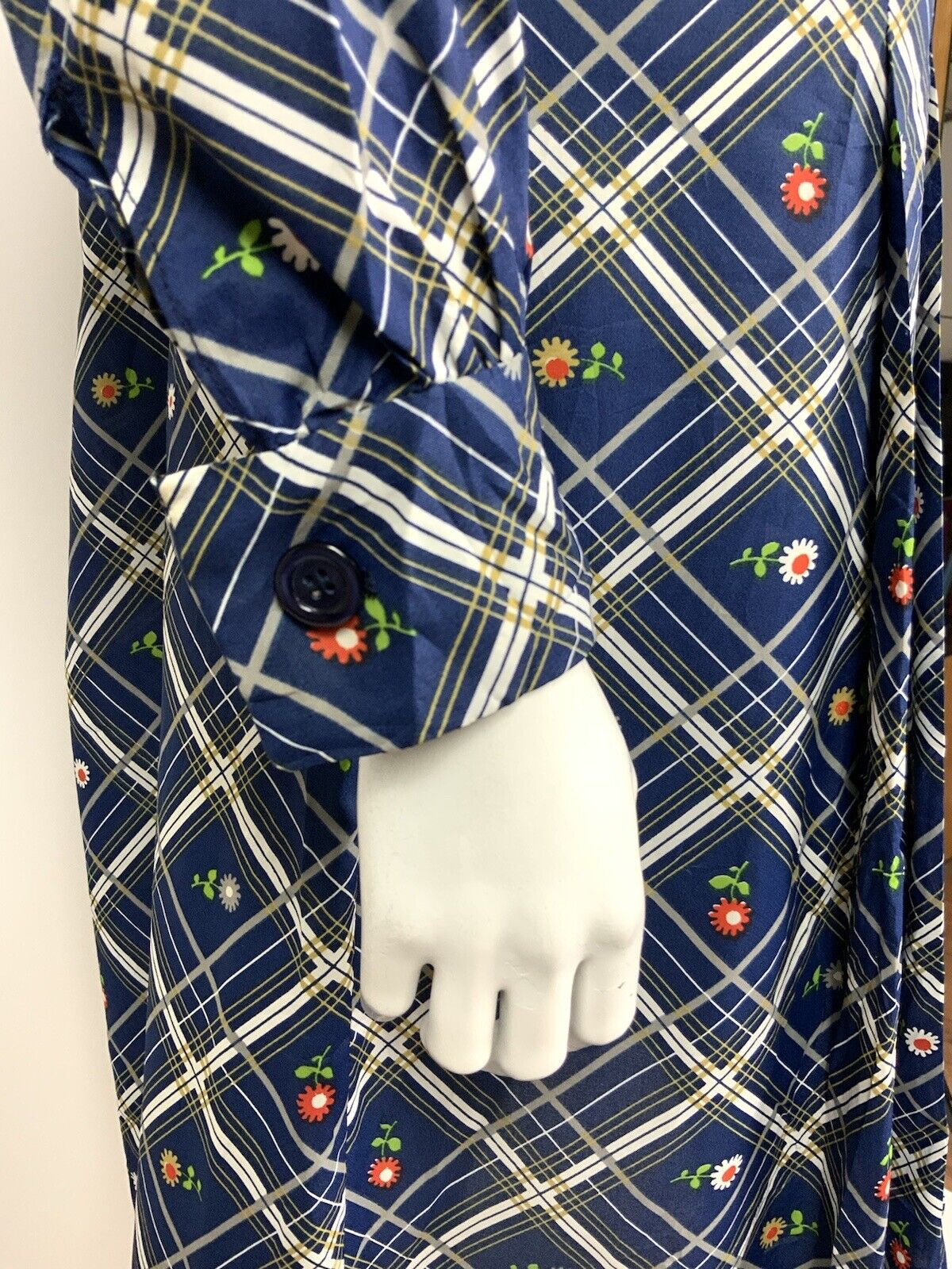 VTG 60s 70s BLUE WHITE SILVER RED PLAID CHECKED DAISY FLORAL SHIRT DRESS 12 14