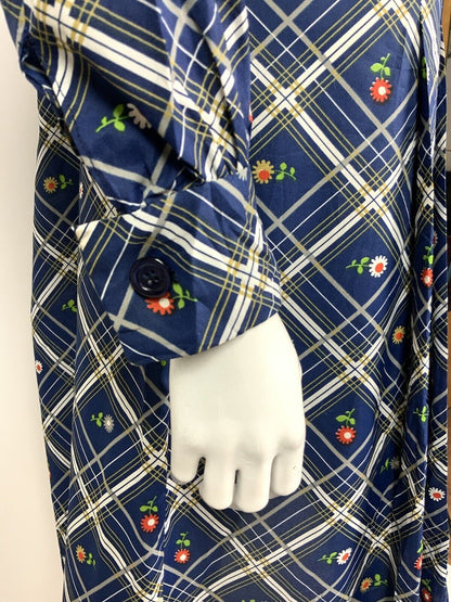 VTG 60s 70s BLUE WHITE SILVER RED PLAID CHECKED DAISY FLORAL SHIRT DRESS 12 14