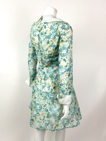 VINTAGE 60s 70s GREEN BLUE BEIGE FLORAL DITSY MOD SHEER SHIRT DRESS 10 12