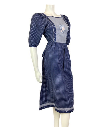 VINTAGE 70s BLUE WHITE PINK POLKA-DOT FLORAL EMBROIDERED BOHO PRAIRIE DRESS 8