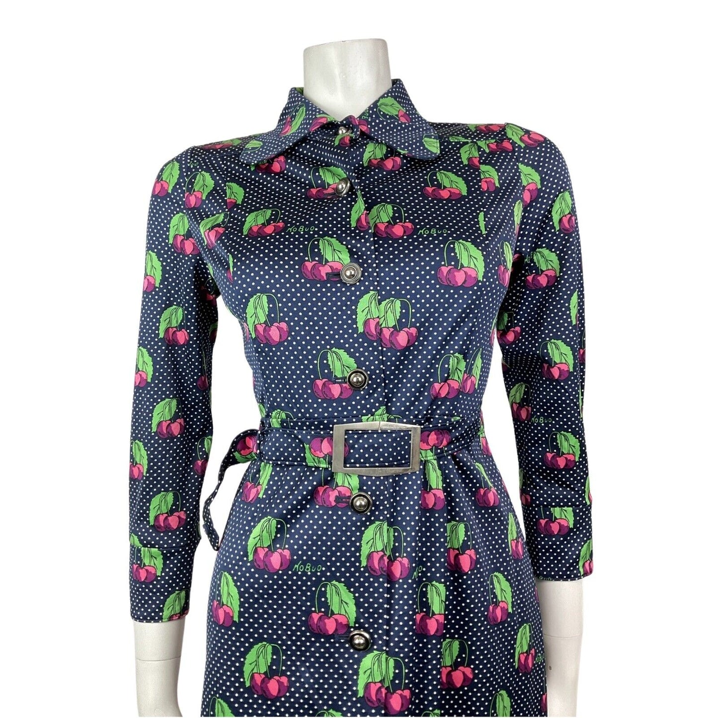 VINTAGE 70s STYLE 90s BLUE WHITE PINK POLKA-DOT CHERRY DAGGER SHIRT DRESS 8 10