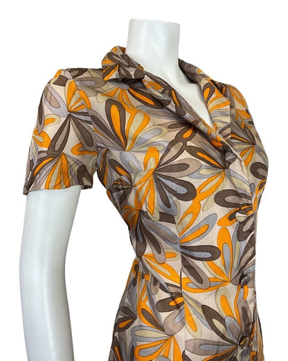 VINTAGE 60s 70s BROWN ORANGE BEIGE PSYCHEDELIC FLORAL SHIRT DRESS 12 14