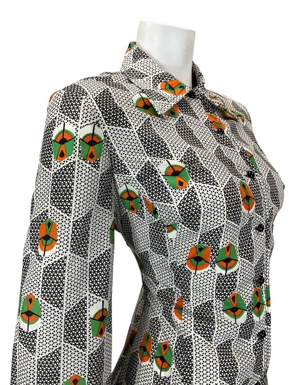 VINTAGE 60s 70s WHITE BLACK GREEN GEOMETRIC DAGGER COLLAR SHIRT DRESS 12 14