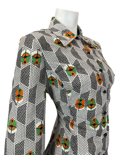 VINTAGE 60s 70s WHITE BLACK GREEN GEOMETRIC DAGGER COLLAR SHIRT DRESS 12 14