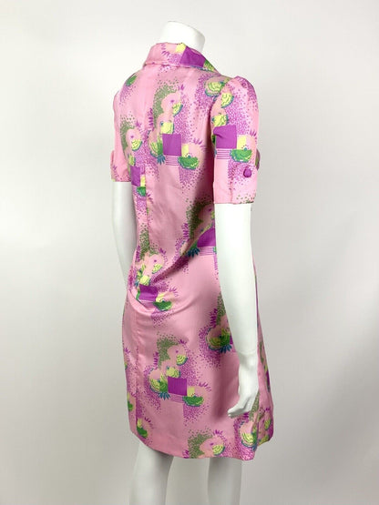 VTG 60s 70s PSYCHEDELIC PINK PURPLE BLUE GREEN SQUARE FLORAL SHIRT DRESS 12