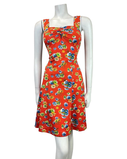 VINTAGE 60s 70s RED BLUE GREEN FLORAL APRON SUMMER SUN DRESS 8